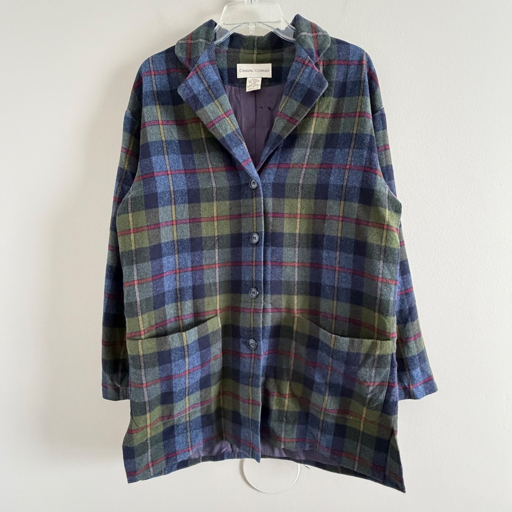 Vintage Casual Corner Vintage Wool Blend Plaid Blazer Jacket Blue Green Small